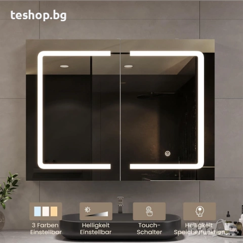 Шкаф за баня с огледало и осветление, 80 x 16 x 60 см, с LED и контакт DICTAC бял, снимка 2 - Шкафове - 53044359