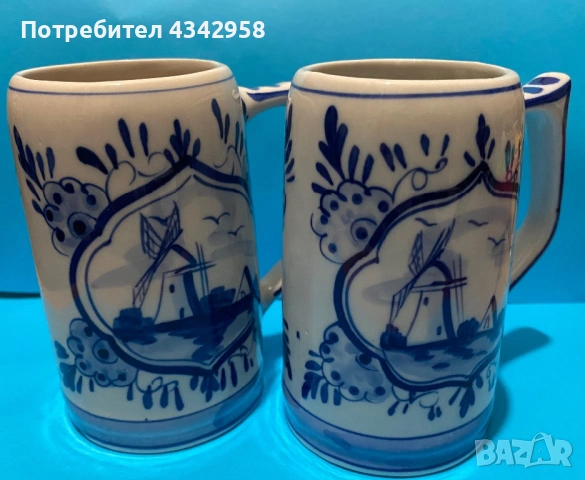 Delft. Порцеланови чаши с мелница и кораб.