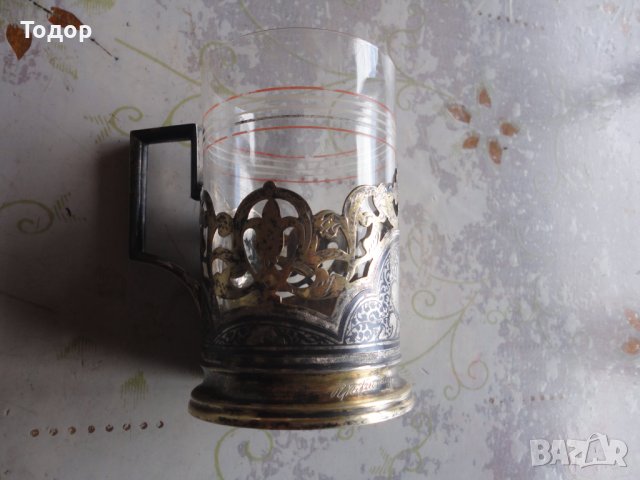 Руски сребърен подстакан чаша ниело позлата сребро 875, снимка 3 - Колекции - 38742024