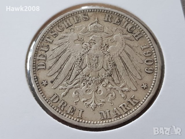 3 марки 1909 А Прусия Германия Рядка Сребърна монета, снимка 1 - Нумизматика и бонистика - 39975333