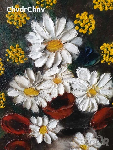 70х60см/голяма стара картина масло върху платно/натюрморт ваза с цветя/маргаритки/дървена рамка, снимка 4 - Картини - 51357434