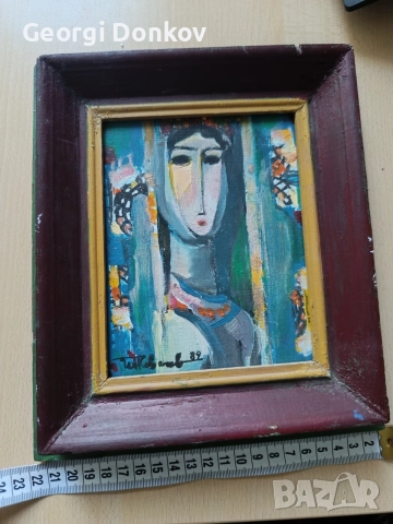 Авторска картина маслени бои (1989 г.) – Стилизиран женски портрет, снимка 4 - Картини - 56239144