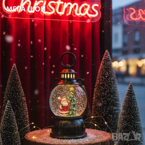 Голям LED коледен фенер с ефект на падащ сняг – приказна светлина и празнична магия