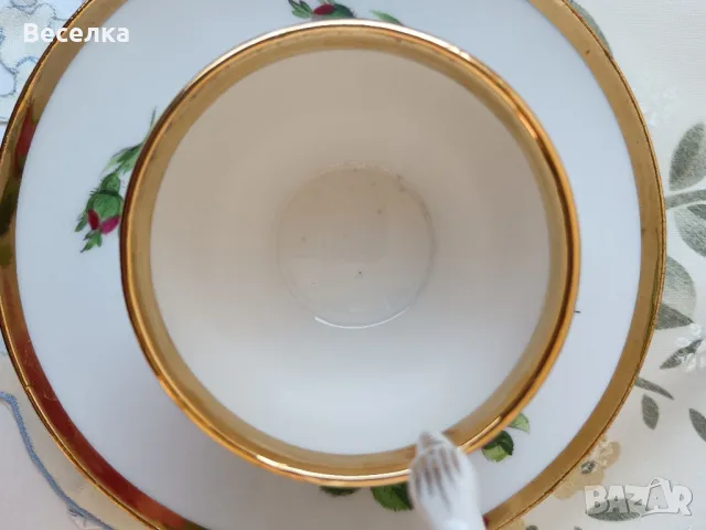 Meissen, троен сет за кафе и десерт, декор роза, злато и дръжка лебедова шия , снимка 7 - Антикварни и старинни предмети - 48917081
