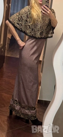 Елегантна рокля в кафяво и златно, снимка 5 - Рокли - 53470786