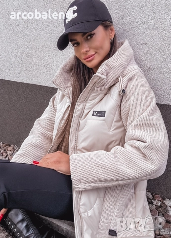 Дамско кремаво по-дълго яке, изработено  от комбиниран материал , снимка 5 - Якета - 52000456