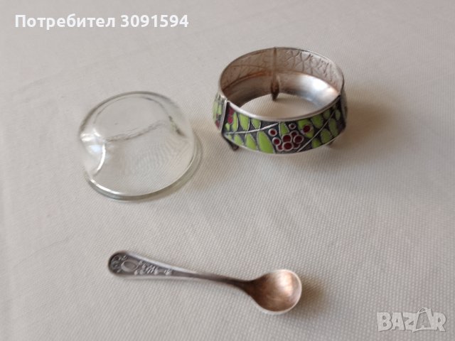 Руски мелхиорен съд за хайвер ,сол,със  емайл оригинална лъжичка, снимка 5 - Антикварни и старинни предмети - 41610950