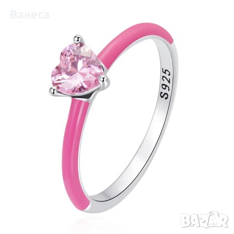 Сребърен пръстен Pink Crystal Heart, снимка 1 - Пръстени - 41123847