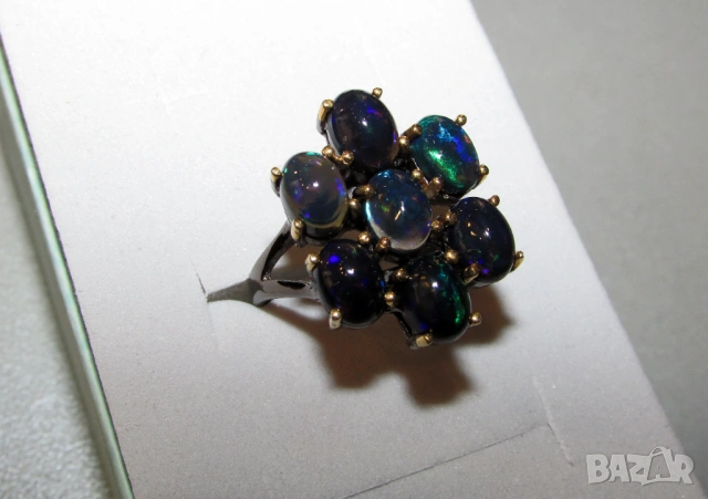 925 сребърен пръстен с родиево покритие с черни опали, снимка 2 - Пръстени - 53512708