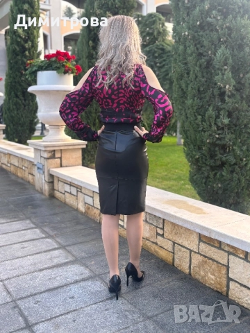 Дамска  черно с розово сатенена риза с  животински принт  голи рамене XS-XL, снимка 9 - Ризи - 49522033