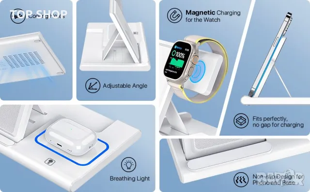 EXW 3в1 сгъваема безжична зарядна станция/стойка за iPhone 15-11,AirPods Pro 3/2,apple watch, снимка 3 - Безжични зарядни - 49308688