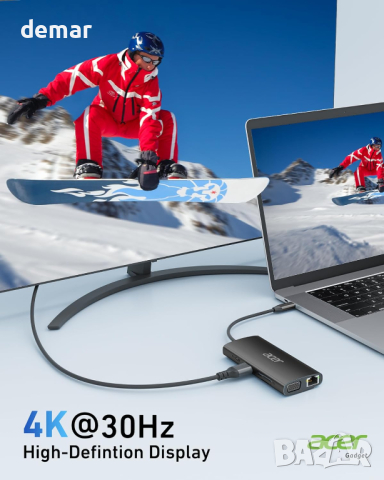 Acer USB C хъб с 4K/30Hz HDMI, 9-в-1 RJ45, 5Gbps USB-A 3.1,PD100W, VGA, снимка 4 - Кабели и адаптери - 44656171