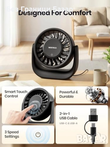 Нов Компактен бюро вентилатор USB-C USB-A 3 скорости силен поток лято, снимка 5 - Други стоки за дома - 53696352