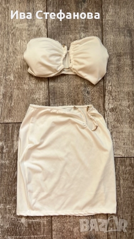 Уникален нов  бял еластичен парти официален коктейлен сет комплект от две части бюстие пола костюм , снимка 5 - Костюми - 49329228