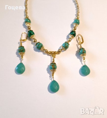 Разкошен комплект бижута обици и колие с камъни Нефрит и Азурит и орнаменти в цвят Антично злато, снимка 9 - Бижутерийни комплекти - 42512511