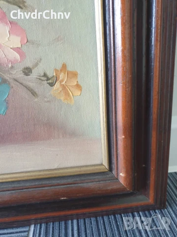 Robert Cox 63х53см/стара картина масло върху платно/натюрморт ваза с цветя/дървена рамка, снимка 7 - Картини - 50895732