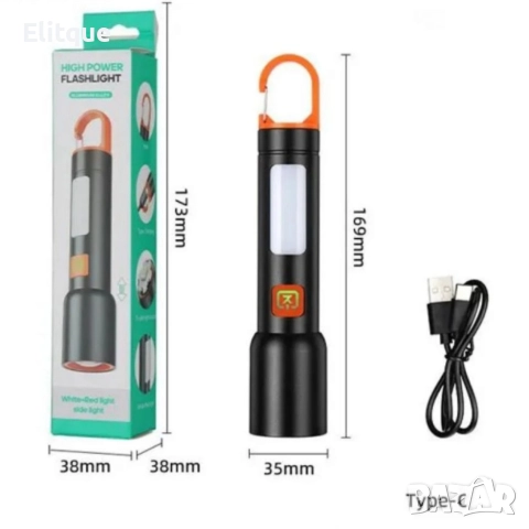 Презареждащ се LED фенер с висока яркост – USB Type-C, мащабируем лъч, компактен дизайн с карабинер, снимка 2 - Лед осветление - 52819982