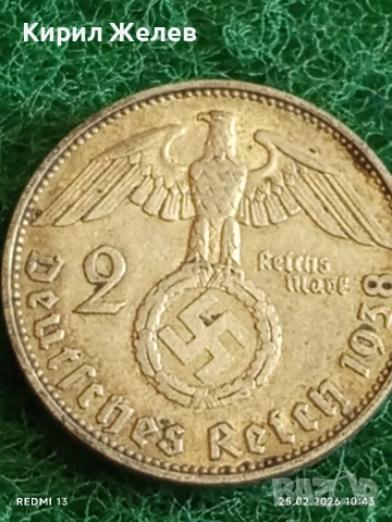 Сребърна монета 2 райхсмарки 1938г. Германия Трети Райх с Свастика за КОЛЕКЦИОНЕРИ 37821, снимка 6 - Нумизматика и бонистика - 53615216