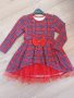Рокля от каре с дълъг ръкар, панделка и пола тип Принцеса с обемен червен тюл., снимка 1 - Детски рокли и поли - 44431770