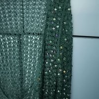 Тъмнозелено болеро плетиво с пайети, снимка 2 - Жилетки - 42292536