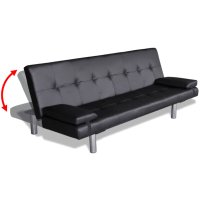 Разтегателен диван с две възглавници, изкуствена кожа, черен, снимка 3 - Дивани и мека мебел - 41534068