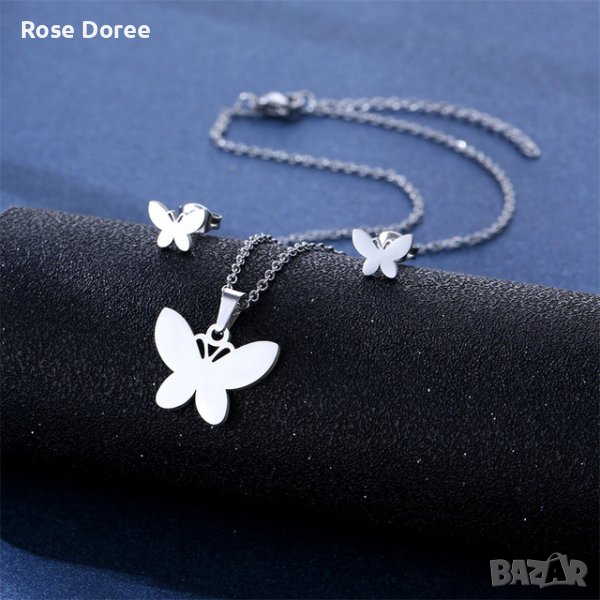 RD 345 Комплект Пеперуди бижута обеци и колие в сребристо медицинска стомана подарък, снимка 1