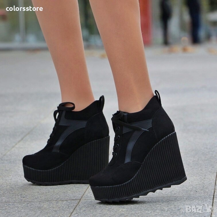 Кецове на платформа - черен велур и кожа - NO4 , снимка 1