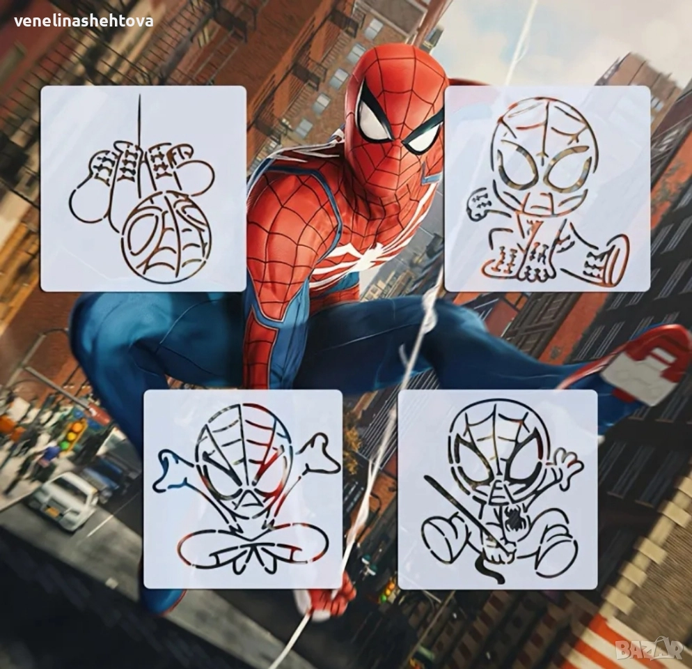 4 броя Спайдърмен Spiderman шаблон стенсил декорация торта скрапбукинг текстил дърво , снимка 1