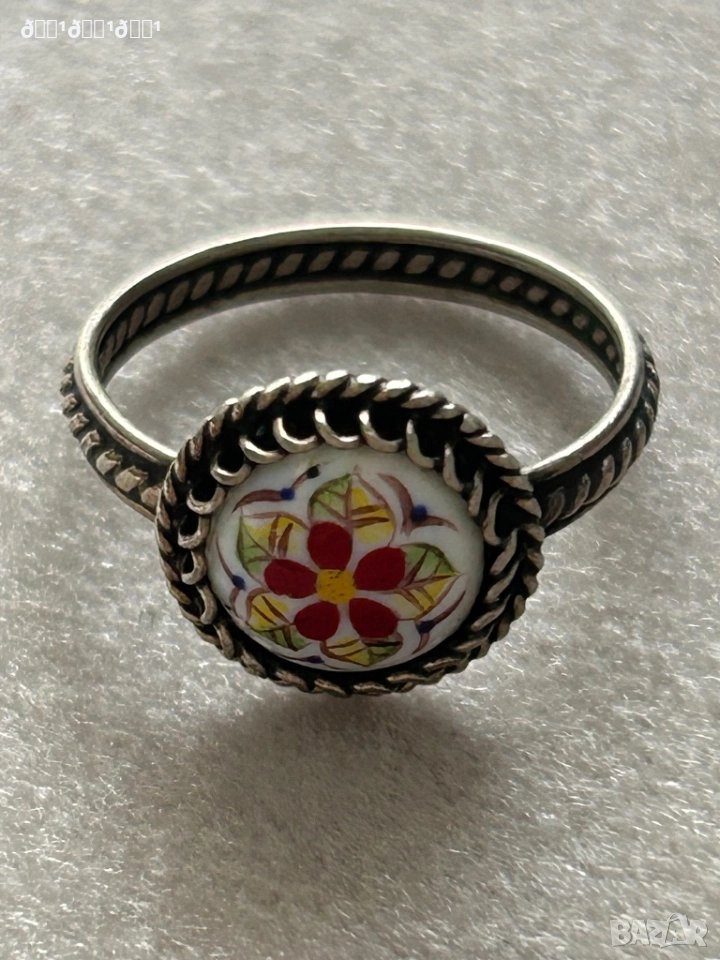 Руски: съветски старинен пръстен с рисуван порцелан , снимка 1