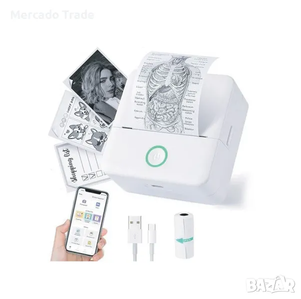 Мини принтер Mercado Trade, С USB кабел за мобилен телефон, Бял, снимка 1