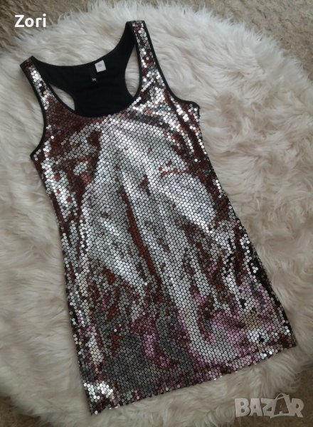 УНИКАЛНА мини парти рокля, цялата в сребристи пайети , снимка 1
