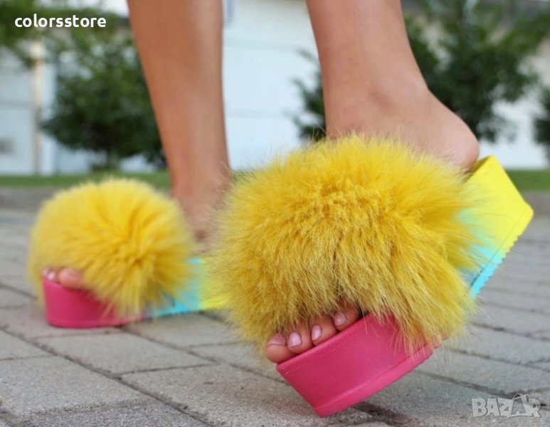 Чехли на платфорна - жълт ЕСТЕСТВЕН ПУХ с шарено ходило - P17, снимка 1