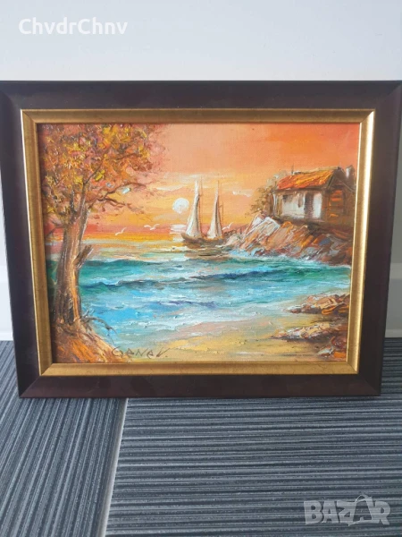Димитър Генев 33x27см/малка българска картина масло върху платно/морски пейзаж/рибарски лодки-колиба, снимка 1