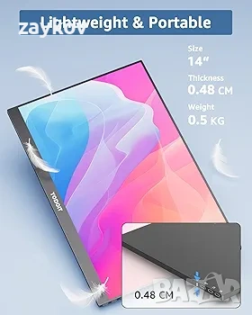 Преносим монитор Yodoit 14", 1920×1080 FHD екран IPS дисплей с USB Type C вградени високоговорители, снимка 5 - Монитори - 53419579
