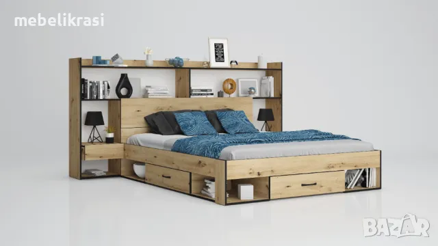 Спален комплект  Лайт за матрак 160/200см,Надстройка,Ракла,Чекмеджета,Огледала, Дъб бланко/Антрацит, снимка 6 - Спални и легла - 33448163