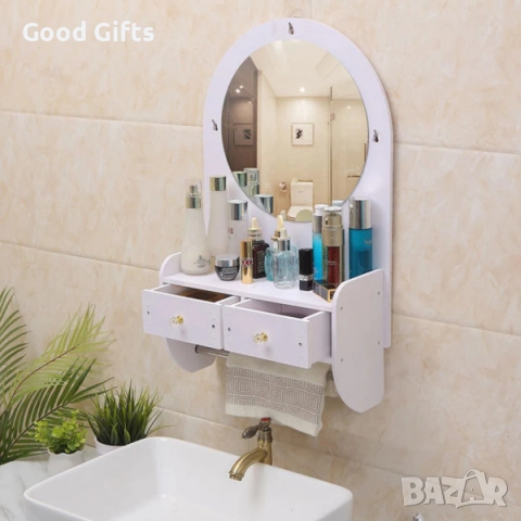 Огледало за грим с шкаф и чекмеджета – Стенно огледало против замъгляване с място за съхранение, снимка 5 - Шкафове - 52943870