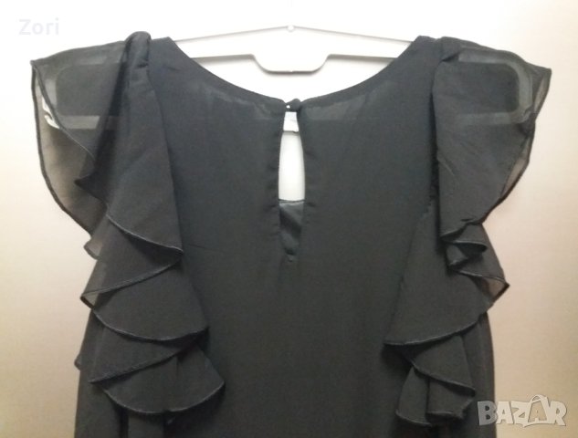 Черна къса шифонена рокля  с рокля къдрички  и сребристи камъчета около деколтето, снимка 7 - Рокли - 41378377