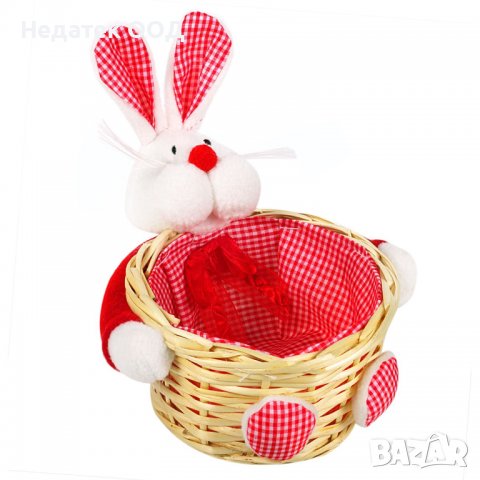 Великденска декорация, 3D заек с кошница, Бяло/ червено/ каре, 14x7 см