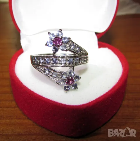925 сребърен пръстен с родолит и танзанит, подходящ за подарък, снимка 1
