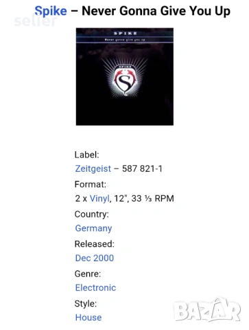 Spike ‎– Never Gonna Give You Up Двойна плоча-Gatefold Maxi Single 12 Издание 🇩🇪 GERMANY 2000г Със, снимка 4 - Грамофонни плочи - 53611736