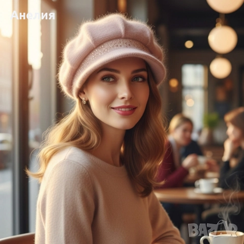 Дамска зимна претена шапка с козирка и декоративни камъчета, снимка 2 - Спортни екипи - 52664816