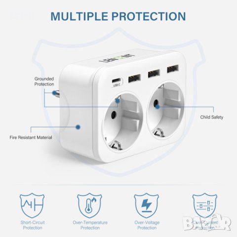 LENCENT Разклонител, адаптер 6-в-1 2хAC, 3 USB порта и 1 Type C, снимка 2 - Оригинални зарядни - 42287881