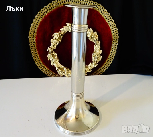 Посребрен свещник от бронз 28 см.,580 гр. , снимка 4 - Антикварни и старинни предмети - 52336374