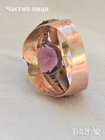 Старинен Дълбоко Позлатен Ювелирен Пръстен с Аметист 1930те г, снимка 3 - Антикварни и старинни предмети - 50337796