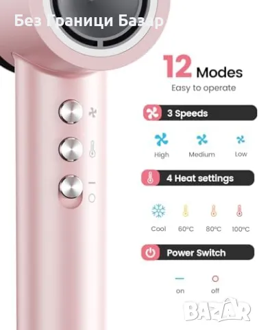 Нов Мощен йонен сешоар 110,000 RPM – Бързо сушене, без увреждане коса, снимка 6 - Сешоари - 49431197