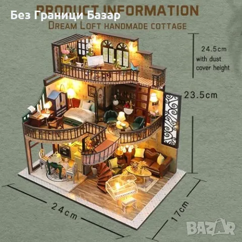 Нов Миниатюрен DIY комплект къща с мебели и LED за декорация подарък, снимка 2 - Други - 48206150