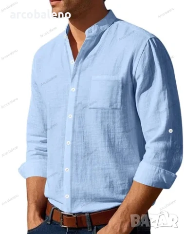 Ежедневна мъжка риза с дълъг ръкав и изправена яка, 5цвята , снимка 2 - Ризи - 50472152