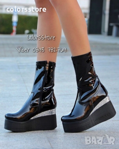 Боти на платформа - черен лак с бронз брокат и черно ходило - 121K

