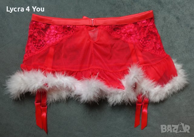 S/M нова червена еротична пола с бял пух и вградени жартиери за чорапи, снимка 4 - Бельо - 38871104