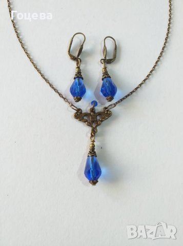 Разкошен комплект бижута с кралско сини капки от Венецианско стъкло и бронзови орнаменти, снимка 2 - Бижутерийни комплекти - 40711991